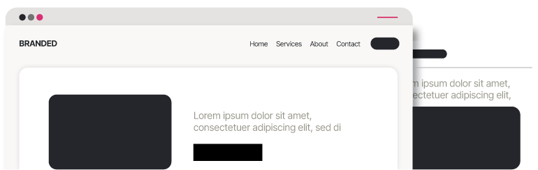 Responsive website design interface showing desktop and mobile layouts with navigation, text blocks, and image placeholders.