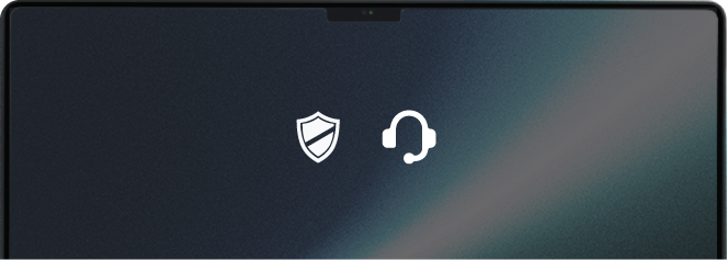 Laptop screen showing cybersecurity shield and customer support headset icons on a dark blurred background.